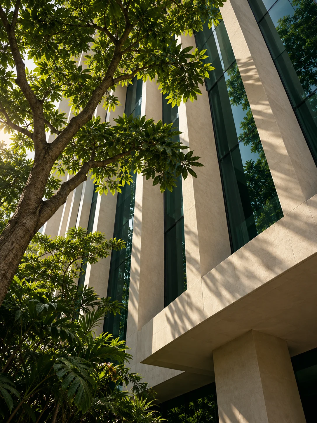 Illustrative tropical architecture with sunlit concrete and green foliage